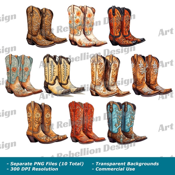 Cowboy Boots Clipart - non-traditional style country western boots clip art in PNG - instant download for commercial use