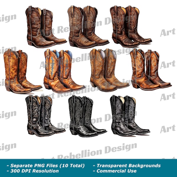 Cowboy Boots Clipart - traditional style country western boots clip art in PNG - instant download for commercial use