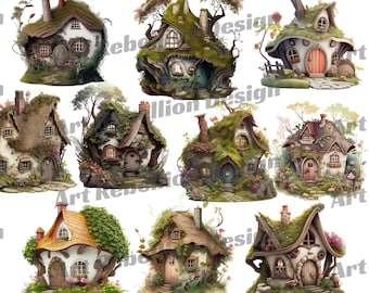 Fairy Gnome Cottage Clipart – Whimsical PNG Illustrations (Digital Download)