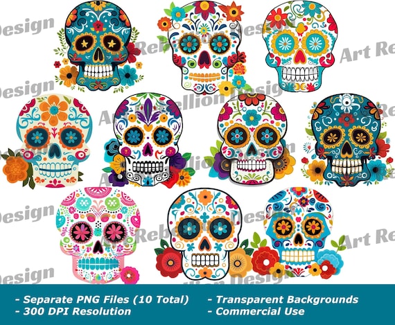 Day of the Dead Sugar Skull Clipart – Colorful PNG Images (Commercial Use)