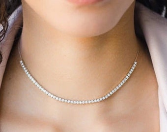 4mm VVS Round Moissanite Tennis Necklace 10K Solid Gold Lab Simulated Diamond Tennis Necklace For Women Luxury Bridal Wedding Necklace Gift