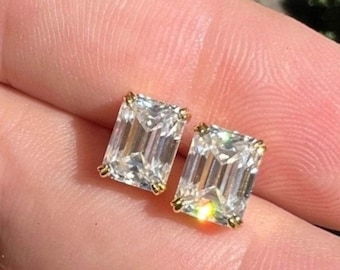 Moissanite Emerald Cut Earrings // 14K Gold Diamond Stud Earrings // April Birthstone Bridal Earrings // wedding gift for her