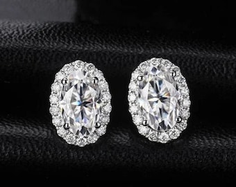 Oval Cut Moissanite earrings 14K Gold Diamond stud Earrings / 925 Silver Oval Shape Round Halo Push Back Earring / Wedding Gift For Her.