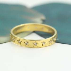 Starburst Moissanite Ring: 14K Gold Wedding Band, Diamond Accents