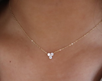 14K Gold Trio Diamond Necklace, Tri Diamond Stone Cluster Necklace for women Moissanite Necklace - Bridal Wedding Gift for her
