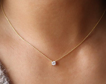 Dainty Gold Diamond Necklace, Floating Solitaire Necklace Moissanite Necklace for women Minimalist Jewelry Bridesmaid Necklace, gift for her