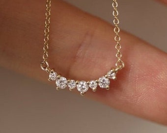 14K Gold Diamond Cluster Necklace, Moissanite Necklace for women Dainty Curved Necklace Wedding Bridal Jewelry Necklace Gift For Her