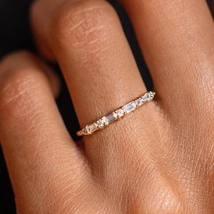 Baguette Cut Diamond Wedding Band Vintage Wedding Band 14k Gold Moissanite Stacking Band Unique Half Eternity Bridal Ring Gift For Her