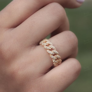 1.00 CTW Diamond Cuban Link Ring – 10K Gold Unique Cuban Ring – Moissanite Diamond Link Ring – Hip Hop Bling Handmade Jewelry for Women