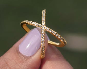 14K Gold Pavé Criss Cross Ring, Moissanite Diamond X Crossover Band, Orbital Statement Ring