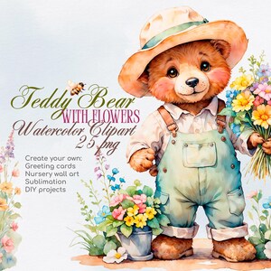 Teddy Bear with  Flowers Watercolor Clipart | Cute Floral Art, Spring Summer Clipart, Greeting Cards, Sublimation Designs, Posters & Prints