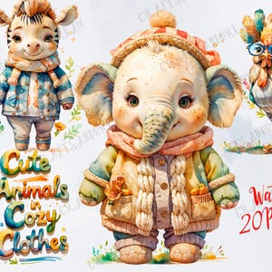 Conjunto de imágenes prediseñadas de acuarela: lindos animales con ropa acogedora | Amigos de la granja, safari y bosque | Conjuntos de temporada | Perfecto para arte imprimible_parte 2