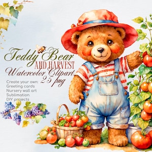 Teddy Bear Harvest Watercolor Clipart | Fall Autumn Pumpkins Apples Garden | Cute Thanksgiving PNGs for Sublimation, Cards, Nursery Art