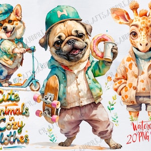 Watercolor Clipart Set -Cute animals in cozy clothes | Woodland_Safari_Farm Friends | Seasonal Outfits | ideal for printable art_part 3