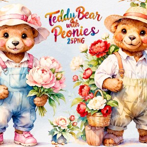 Teddybeer met pioenrozen aquarel clipart | Schattige beren- en bloemmotieven | Kinderkamerdecoratie, wenskaarten, sublimatiekunst