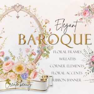 Könnte beinhalten: Elegantes Barock-Design mit floralen Rahmen, Kränzen, Eckelementen, floralen Akzenten und einem Banner. Das Bild zeigt einen ovalen Rahmen mit rosa, gelben und blauen Blumen. Der Text enthält "Elegant Baroque" und "Create beauty."