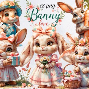 Bunny Love — Watercolor Bunny Clipart Collection | Cute Floral Rabbits PNG, Nursery Animal Art, Baby Shower Digital Graphics 3D Effect