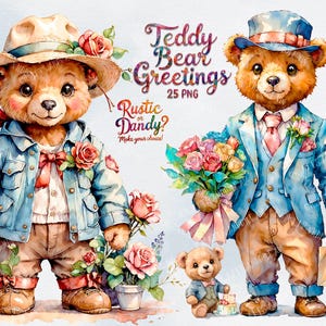 Clipart d'ours en peluche aquarelle | Ours de campagne Dandy avec bouquets de fleurs | Ours rustique vintage pour cartes de vœux, sublimation, affiches
