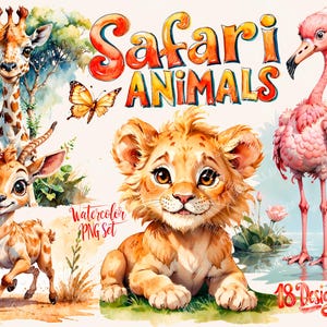 Safari Charm Acquerello Animali Clipart–Leone carino, Antilope, Giraffa, Fenicottero_ Ideale per libri per bambini, Scrapbooking, Sublimazione, Poster