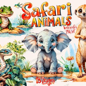 Könnte beinhalten: Aquarell-Illustrationen von Safari-Tieren, darunter ein grüner Alligator, eine Schlange, ein Elefant und ein Erdmännchen. Die Illustrationen sind vor einem Hintergrund aus grünem Laub und blauem Wasser platziert. Der Text "Safari Animals Watercolor PNG Set" ist in orangefarbenen und gelben Buchstaben geschrieben.