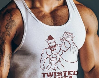 May include: A man wearing a white tank top with a graphic of a muscular Santa Claus holding a bag of gifts. The text "Twisted Santa" is printed below the graphic.