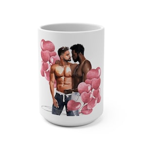 May include: White ceramic mug with a watercolor illustration of two men embracing, surrounded by pink heart-shaped balloons.