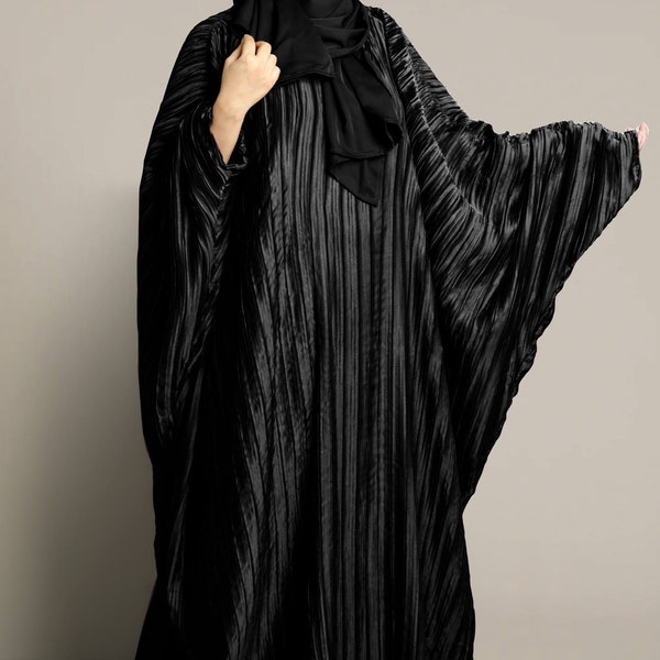 Kaftan Black Abaya for Women, Farasha, Crushed Pleats Butterfly Abaya, Casual Comfort Long Sleeve