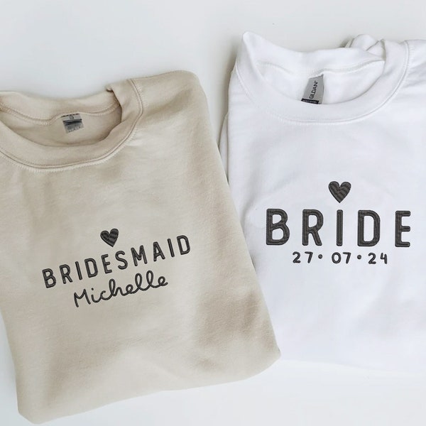 Embroidered Bride Sweatshirt, Custom Embroidered Bridal Party Gift, Bridal Sweatshirt, Wedding Day Outfit, Engagement Gift, Bride to Be Tee