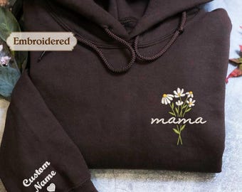 Sudadera con capucha personalizada bordada para mamá, suéter floral con el nombre de los niños, regalo para el Día de la Madre, sudadera para mamá primeriza