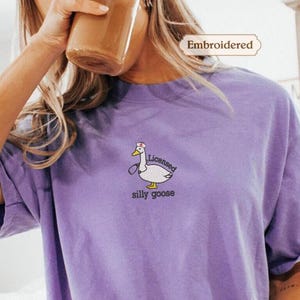 A person wearing a purple t-shirt with a cartoon goose and the text "silly goose" printed on it.