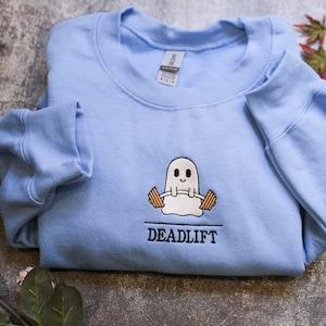 Sweat-shirt brodé fantôme soulevé de terre, sweat-shirts saison effrayante, boo fitness, sweat-shirt Halloween, sweat-shirt mignon soulevé de terre fantôme
