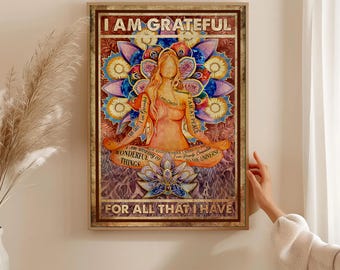 Yoga room Poster, Grateful Mindful meditation poster, Yoga Wall Art, Chakra Decor, Balancing Chakras, Yoga Room Deco, hippie yoga decor