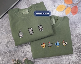 EMBROIDERED Stardew Valley Cat Sweatshirt, Pixel Chickens Gift for Gamers, Cute Gamer shirt, Comfort colors, Cozy & Cute Gaming Attire