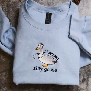 A light blue t-shirt with a cartoon image of a duck wearing a nurse's hat and the text "Licensed silly goose" printed on it.