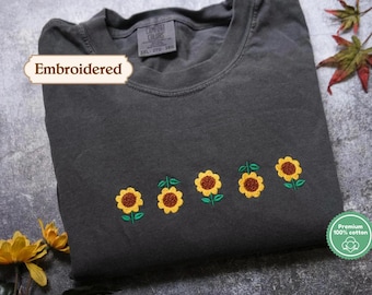 Schattig T-shirt met geborduurd huisje met zonnebloemen, zomershirt, trendy positief cadeau, trui met wilde bloemen
