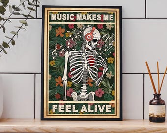 Floral Skeleton Music Vintage poster Dark Cottagecore Print, Flower Skull Vintage Gothic Home Decor Moody Botanical Wall Art Music Art print