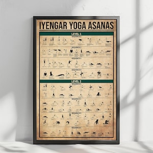 May include: Framed poster titled "IYENGAR YOGA ASANAS" with black text on a tan background. The poster displays yoga poses organized by level and sequence. The frame is black.