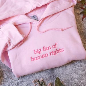 Könnte beinhalten: Ein hellrosa Kapuzenpullover mit dem gestickten Text "big fan of human rights" in passendem rosa Faden. Der Kapuzenpullover hat einen Kordelzug und eine Kapuze. Das Bild ist aus der Vogelperspektive aufgenommen.
