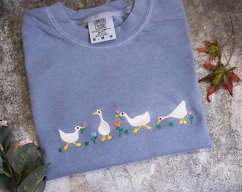 Embroidered Duck Duck Goose Comfort Colors Tee, Ducks and Flowers Embroidered Ultra Soft Tee, Monochromatic TShirts