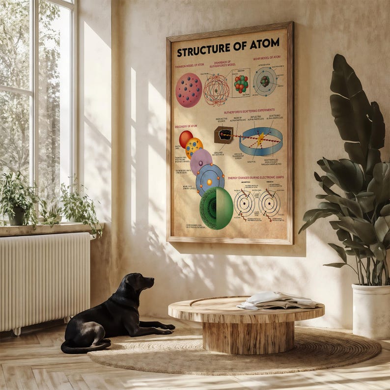 A black dog is sitting on a wooden floor in a room with a large poster of the structure of an atom hanging on the wall.