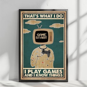 May include: Framed poster with the text "THAT'S WHAT I DO I PLAY GAMES AND I KNOW THINGS." The artwork depicts a person with a retro TV for a head, holding a game controller. The background is teal with cloud illustrations.