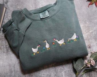 Embroidered Duck Duck Goose Comfort Colors crewneck, Ducks and Flowers Embroidered Geese and flowers, Monochromatic embroidered shirts