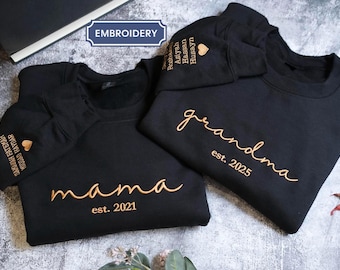 Sudadera personalizada "Mamá Est" y "Abuela Est", con el nombre del niño en la manga, camiseta familiar personalizada a juego, nueva mamá y nueva abuela