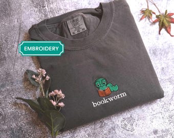 Bookworm Embroidered shirt, Cute Comfort Colors Tee for Book Lovers, Bookish Gift, Bookworm hoodie, cozy reading sweatshirt,  bookworm gift