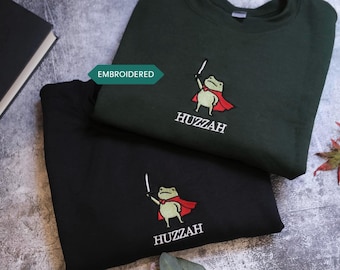 Huzzah Frog with Sword Tee, Embroidered Medieval Frog Shirt, Comfort ColorsFunny DnD crewneck Renaissance Faire Frog Gift