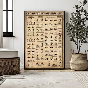 以下が含まれることがあります： アシュタンガ・ヴィンヤサ・ヨガ・プライマリー・シリーズを示す額入りのポスター。ポスターには、スリヤ・ナマスカーラ、スタンディング・シークエンス、シーテッド・シークエンス、フィニッシング・シークエンスに分類された、さまざまなヨガのポーズのイラストが掲載されています。背景はヴィンテージの古紙のような外観です。