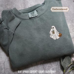 Ghost Embroidered Sweatshirt, Little Ghost Ice Coffee Shirt, Halloween Sweatshirt, Halloween Embroidered Sweatshirt, Ghost Sweatshirt