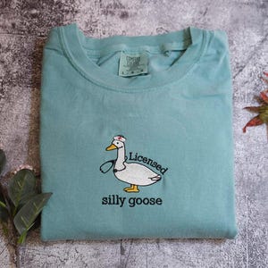 A light blue t-shirt with a cartoon image of a duck wearing a nurse's outfit and the text "Licensed silly goose" printed on it, along with some leaves and a small flower.
