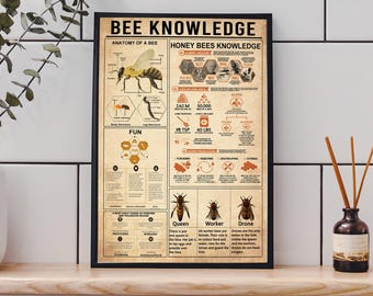 Bee Knowledge Poster, Honey bee fun facts, Bee Wall art, Honey bee art, Bee Home Decor, Honey Bee Decor, Anatomy Of A Bee, 3 Types Of Bees