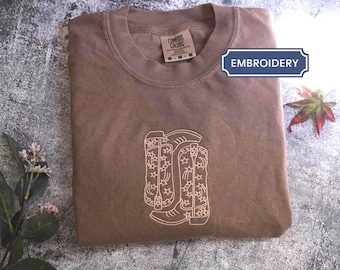 Cowgirl Boots Embroidered Comfort Colors Shirt, Cowgirl Boots Embroidered Crewneck, Cowboy Boots Embroidered T-Shirt, Cowboy Embroidered Tee